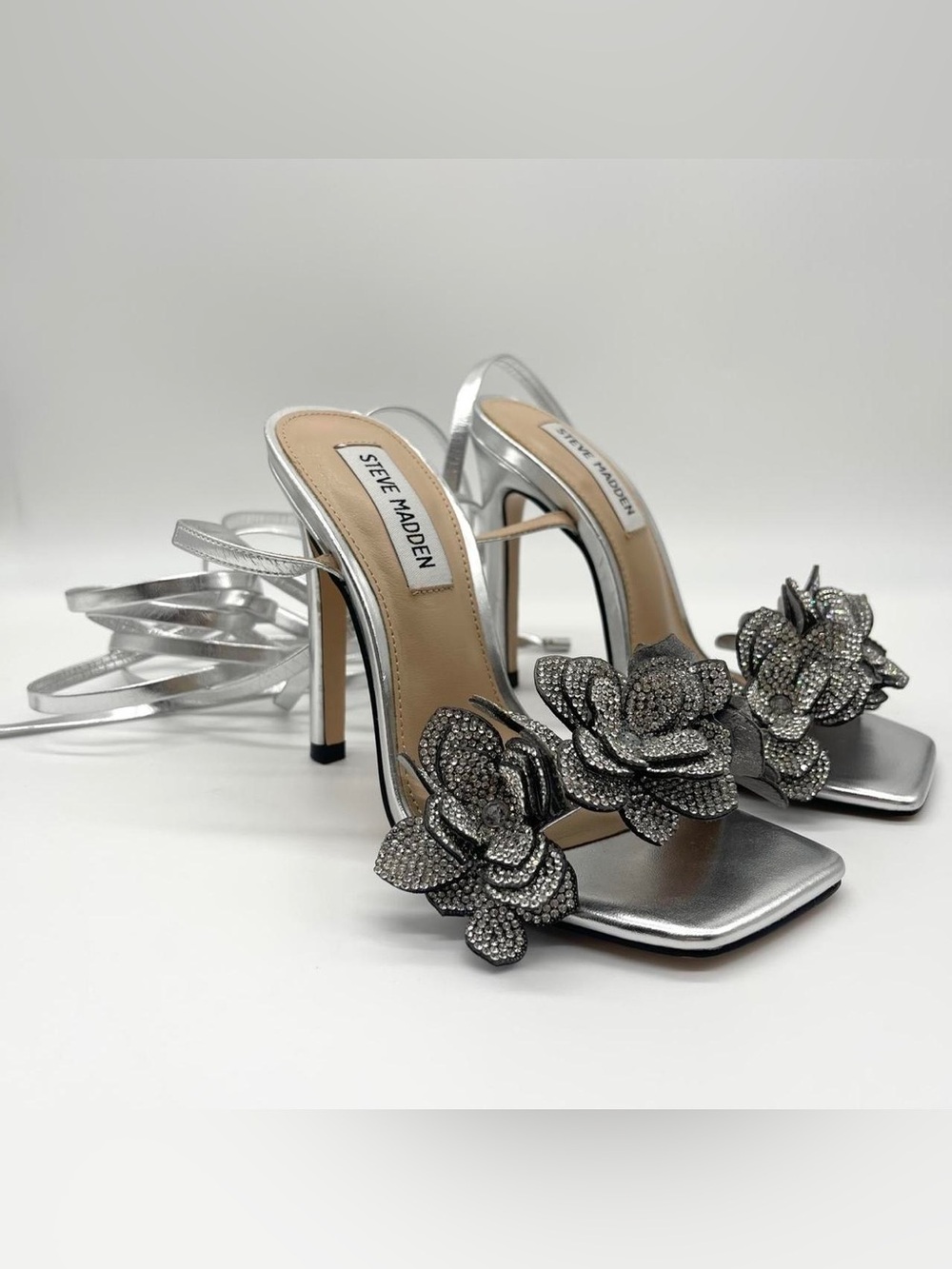 Steve Madden Silver Rhinestone Floral Wrap Stilettos